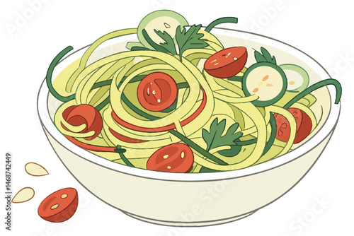 10 Vibrant vegetable noodle salad, colorful fresh ingredients, zucchini spirals, cherry tomatoes, crisp cucumber slices, crunchy peanuts, aromatic herbs, light dressing, white ceramic bowl, healthy cu