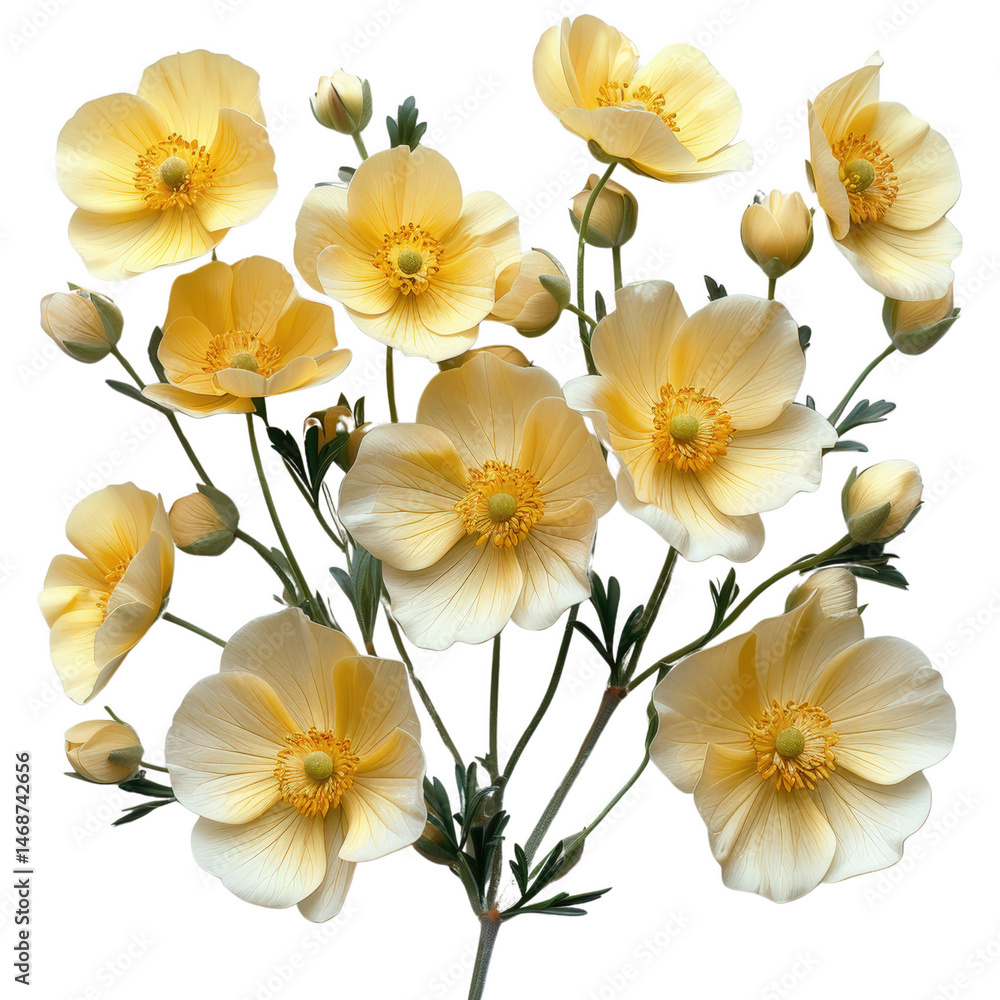 Fototapeta premium Delicate Yellow Flowers: A cluster of dainty, pale yellow flowers, each with a delicate heart and velvety petals, radiate subtle beauty and freshness.