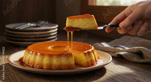 Pudim, A rich slice of flan being lifted with a spatula, showcasing creamy texture and glossy caramel.