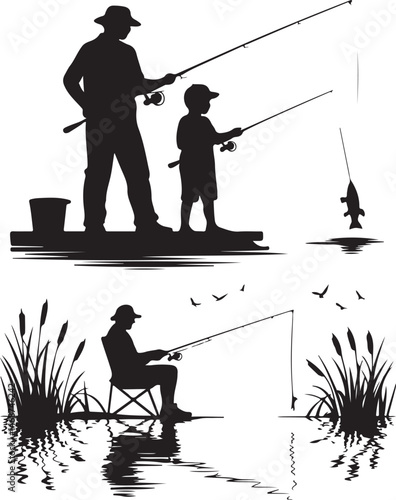 Fisherman Casting Line Silhouette

Fish Caught Mid-Jump Vector Scene

Fishing Boat Adventure Silhouette

Spearfishing in Action Silhouette

Calm Lake Fish Hunt Vector Design