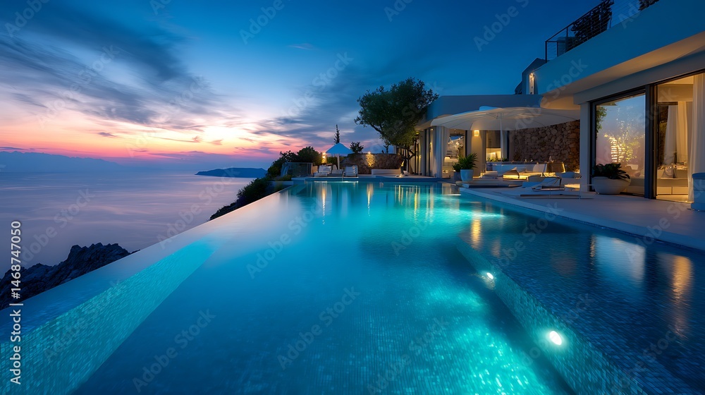 Fototapeta premium Tranquil infinity pool overlooking serene ocean at a coastal villa during evening hours