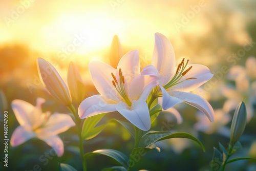 Blooming lilies catch the warm glow of sunrise in a tranquil morning setting, Beautiful lily flowers and sunrise light in the morning timelapse seamless Photo