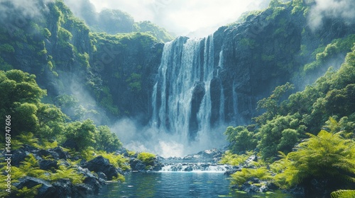 Serene Waterfall in Lush Tropical Paradise: A Breathtaking Vista