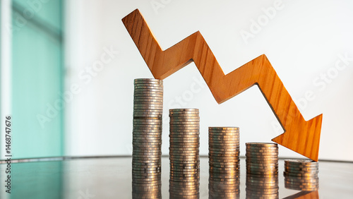 фотографія A pile of coins slowly decreasing with an arrow pointing down
