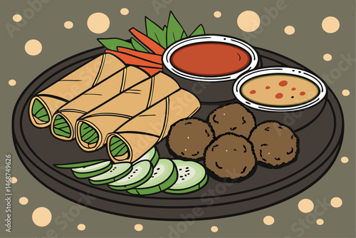 14 Asian appetizer platter, spring rolls, dipping sauces, meatballs, carrots, cucumber slices, bokeh lights background, festive atmosphere, dark circular serving tray, close-up food photography, rich 