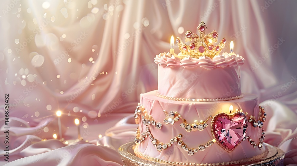 Fototapeta premium Elegant Pink Jewel Crown Cake with Crystal Heart and Diamond Garland