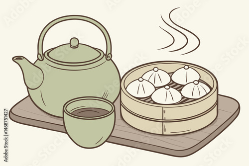 15 Traditional Chinese tea set, green cast iron teapot, bamboo steamer, dim sum dumplings, xiaolongbao, ceramic tea cup, wooden serving tray, pale green porcelain, soft lighting, muted colors, steam r
