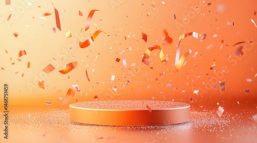 Celebratory, orange podium with confetti