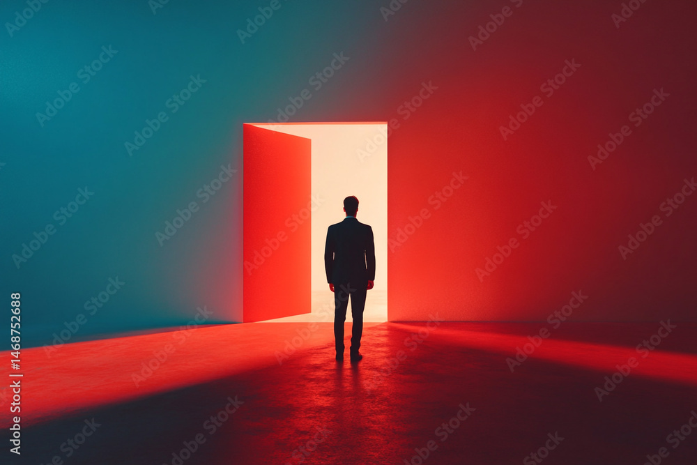 Obraz premium Businessman facing open door red light decision choice future