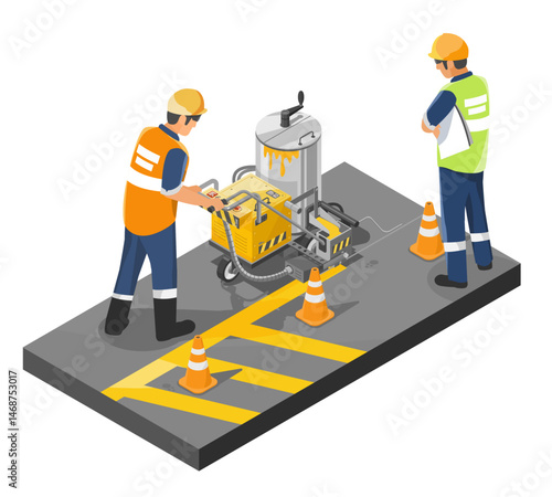 Construction workers operating a traffic line marking machine to paint yellow road stripes during street maintenance while ensuring safety with cones and supervision isometric cartoon