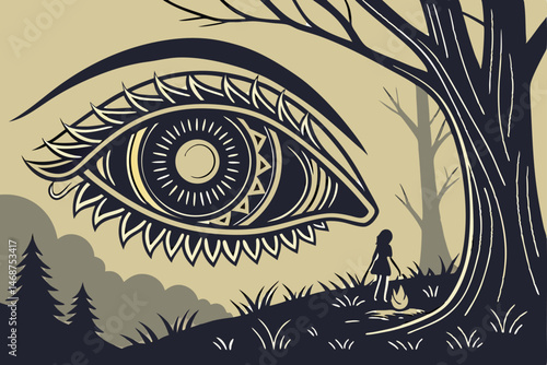 16 Surreal giant eye in forest, intricate golden patterns, glowing iris, dark fantasy, misty background, twilight atmosphere, magical realism, detailed digital art, ethereal lighting, mystical ambianc