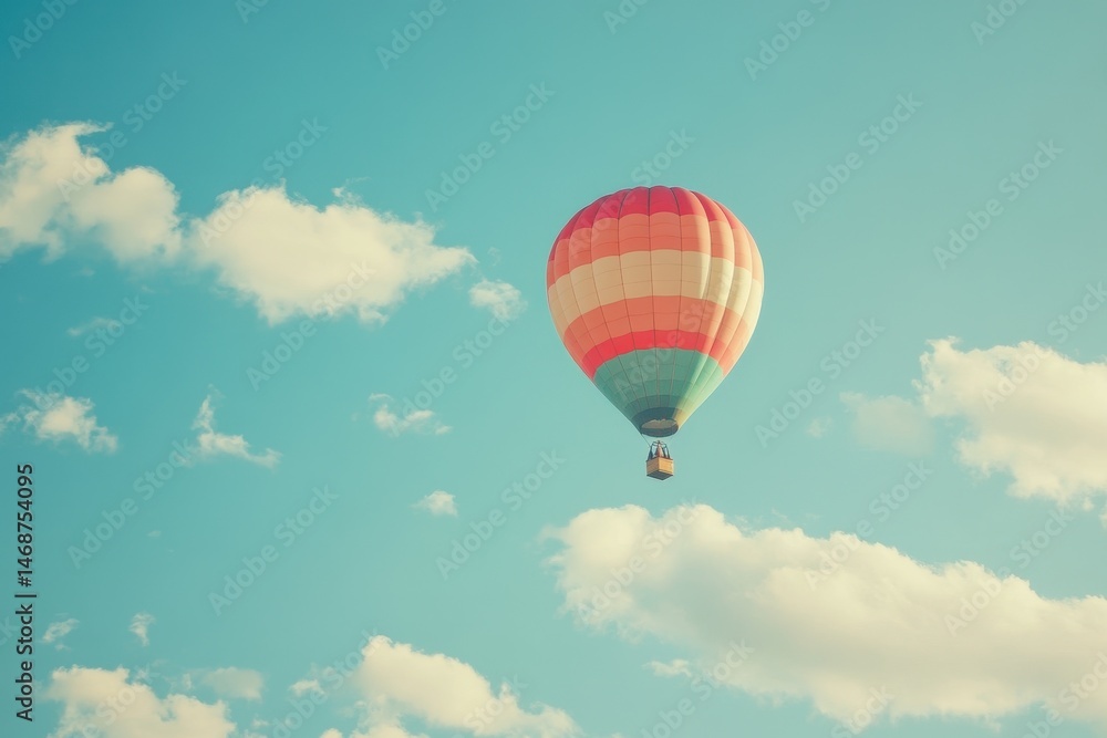 Obraz premium Colorful hot air balloon rises gently into the clear blue sky on a bright sunny day, Colorful hot air balloon ascending in clear blue sky with fluffy clouds