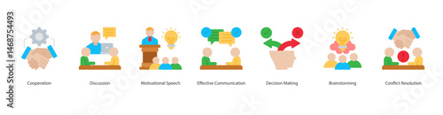 Collaborative Communication web banner icon sheet vector cooperation, discussion, motivational speech, effective communication, decision making, brainstorming, conflict resolution