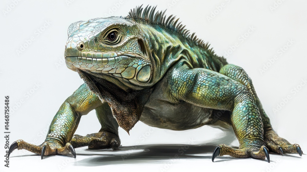 Obraz premium Green iguana posing, studio shot, white background, reptile