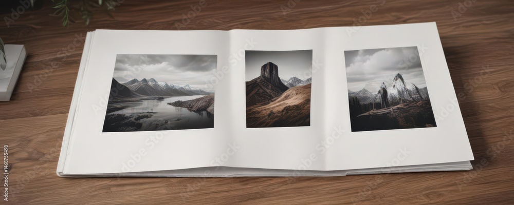 Fototapeta premium Elegant photo album mockup; pristine white pages, sleek design, modern, minimal