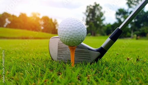 Close-up of the moment the club head meets the stationary golf ball