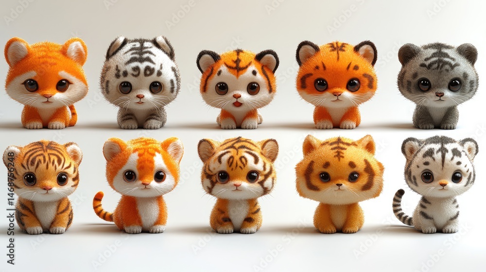 Cute tiger figurines. A collection of small, stylized tiger figurines, various colors and patterns Cute tiger figurines. A collection of small, stylized tiger figurines, various colors and patterns