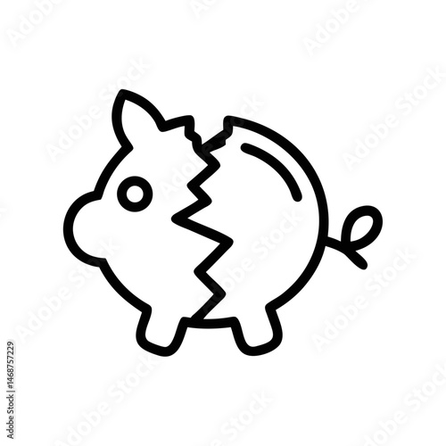 Minimalist Line Art Broken Piggy Bank Icon – Savings Loss Symbol Outline