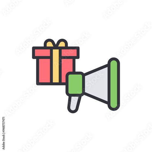 Festive announcement with wrapped gift box icon and megaphone illustration