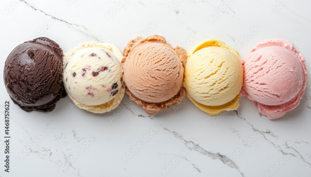 Assorted ice cream scoops on marble