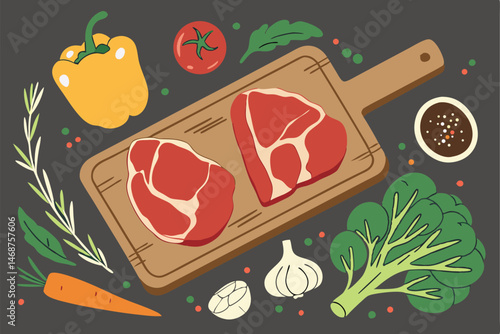 18 Raw beef steaks, wooden cutting board, fresh vegetables, colorful bell peppers, broccoli, carrots, tomatoes, garlic, herbs, vibrant colors, realistic textures, food photography, top-down view, high
