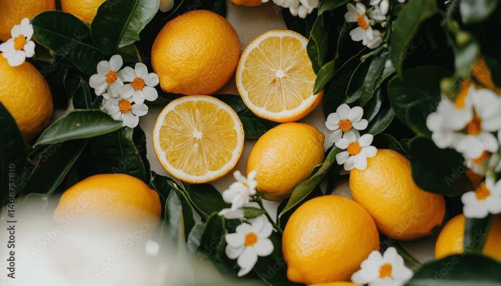 Fresh lemons with flowers