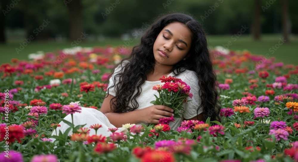 Teen girl sits in a vibrant flower field, peaceful and serene