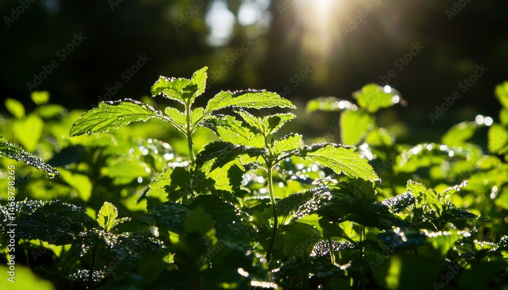 Lush green leaves bathed in morning sun