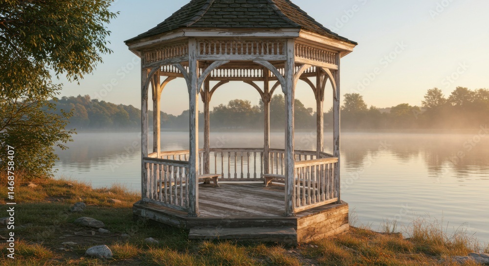Gazebo by a misty lake at dawn