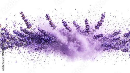 Lavender explosion, purple powder, floral design, white background, cosmetic ad