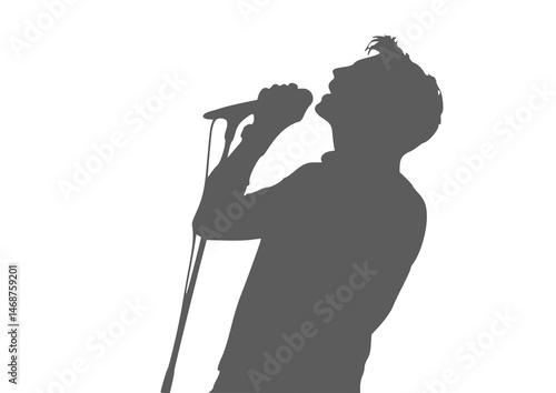 Silhouette of a performer in action, mic raised confidently. The figure’s upright stance fits concert themes, cover art, or modern music branding over a minimalist white canvas