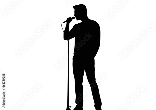 Stylized silhouette of a singer mid-performance, standing firmly while holding the microphone. A dynamic image suited for modern music themes or graphic design with minimalist white background