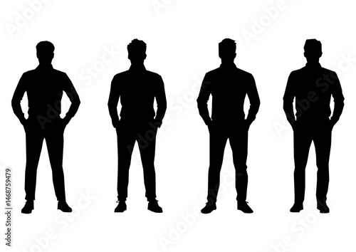 Silhouette of a perfectly proportioned man in elegant formal wear, posing with both hands in his pockets. Designed for model profiles, employee icons, celebrity features, and modern magazine covers. 