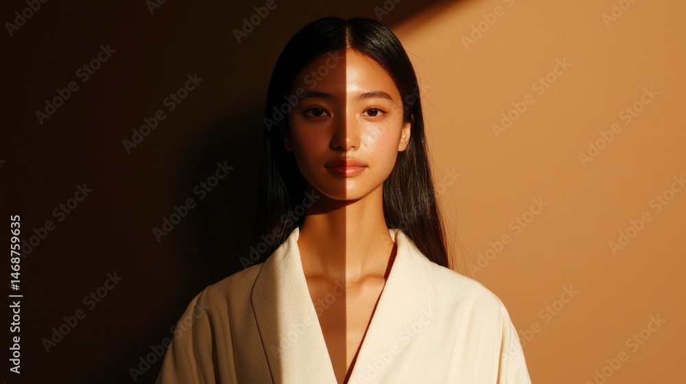 Woman's face, divided by light and shadow