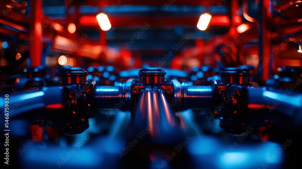 Industrial pipes and valves in a brightly lit facility