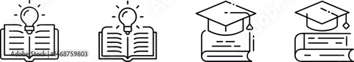 Education Icon Set Featuring Books with Light Bulbs and Graduation Caps, Knowledge, Learning, Idea Concept, Academic Achievement, and Study Symbols in Line Vector Style