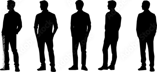 Silhouette of a young man with a perfect physique, dressed formally, hands in pockets, posing confidently. Ideal for magazines, fashion models, male employees, or celebrity silhouettes. 