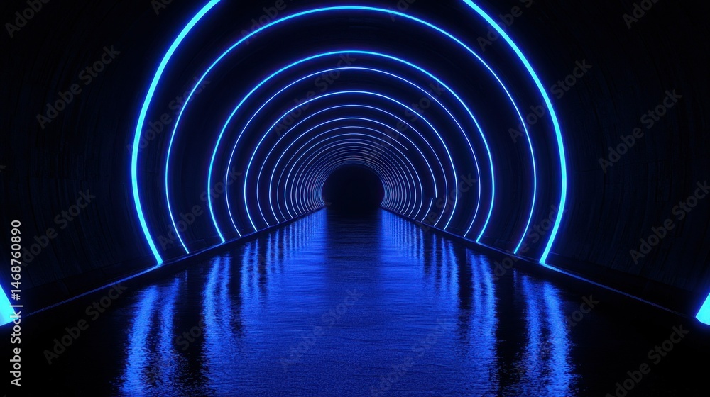 A futuristic tunnel with glowing blue neon illuminated rings A futuristic tunnel with glowing blue neon illuminated rings