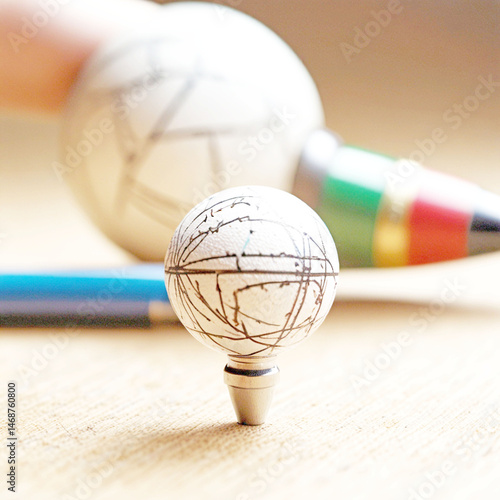 Precision in Attention Art of a Stylized Pen Tip, a highly detailed close-up of a futuristic, stylized pen tip shaped like a miniature globe,