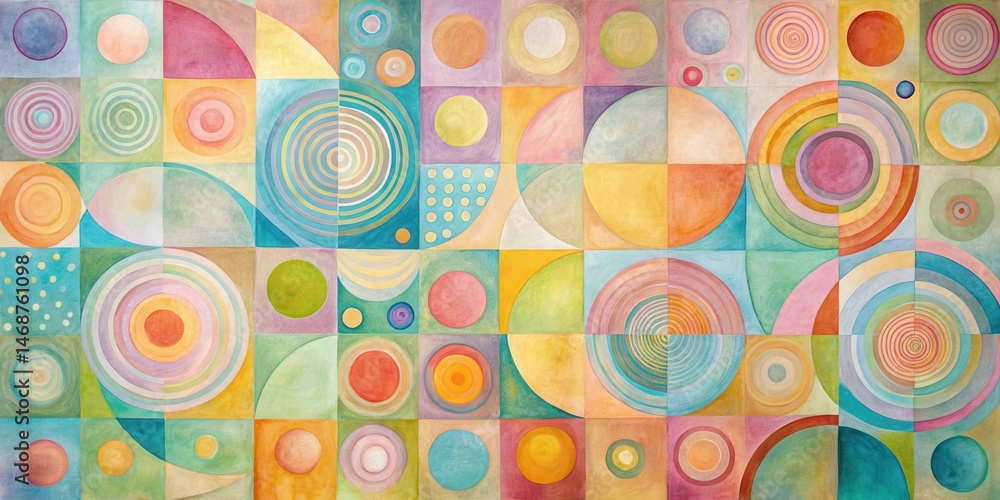 Naklejka premium Colorful geometric abstract art with circles and squares in pastel tones on canvas featuring swirling patterns and gentle curves , gentle, patterns