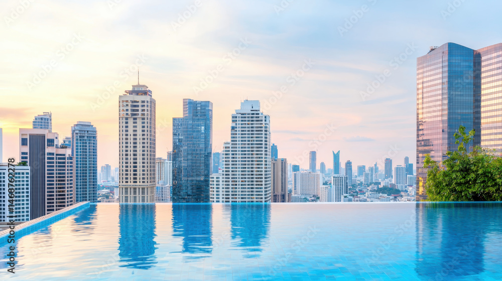 Fototapeta premium Stunning swimming pool with panoramic view of city skyline at sunset, showcasing modern architecture and vibrant colors