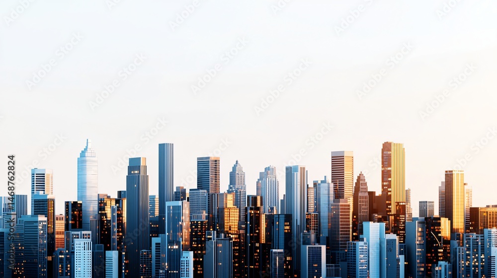 Fototapeta Stylized cityscape at a distance, rough-edged buildings fading into light sky, open lower area for creative layout, pastel color palette, soft depth