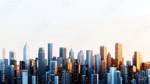 Stylized cityscape at a distance, rough-edged buildings fading into light sky, open lower area for creative layout, pastel color palette, soft depth