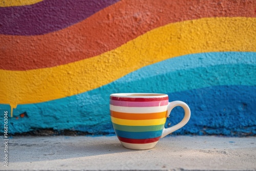 Colorful coffee cup with rainbow stripes against vibrant mural backdrop in a lively urban setting, Coffee cup with rainbow stripes in front of colorful mural