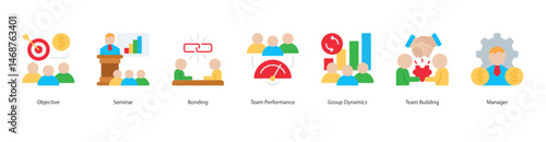Team Building web banner icon sheet objective, seminar, bonding, team performance, group dynamics, team building, manager
