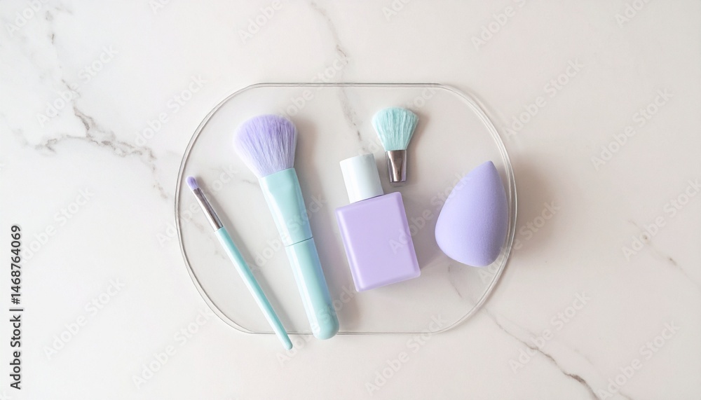 Makeup brush set and perfume on a transparent tray on a marble vanity Makeup brush set and perfume on a transparent tray on a marble vanity