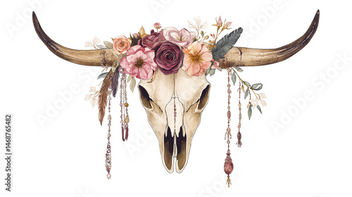 Bohemian Bull Skull with Floral Crown and Hanging Feathers