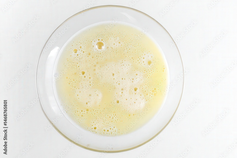 Glass bowl of beaten egg whites with foam on white background
Glass bowl of beaten egg whites with foam on white background