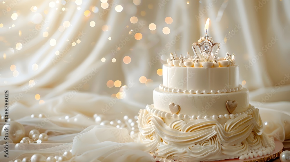 Fototapeta premium A romantic pearl-themed cake with heart-shaped pearls and floral piping