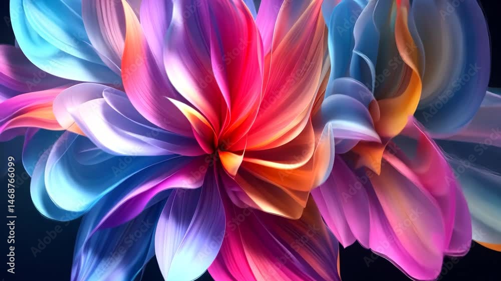 Abstract Flower Petals with Vibrant Colors and Intricate Details on Dark Background and Curving Lines Artistically Rendered With Light and Gradient Abstract Flower Petals with Vibrant Colors and Intricate Details on Dark Background and Curving Lines Artistically Rendered With Light and Gradient